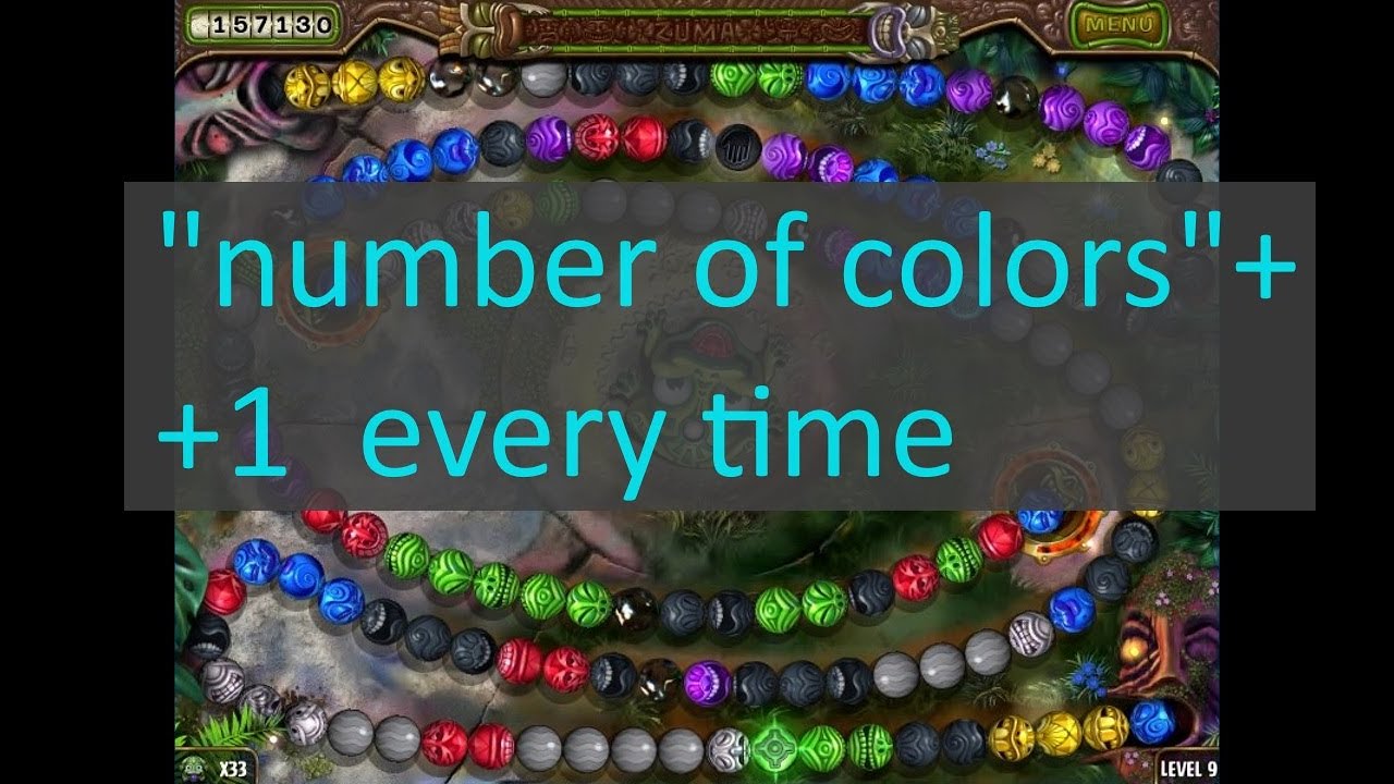 Zuma's Revenge: level 9, but the number of colors is extending on 1 every time