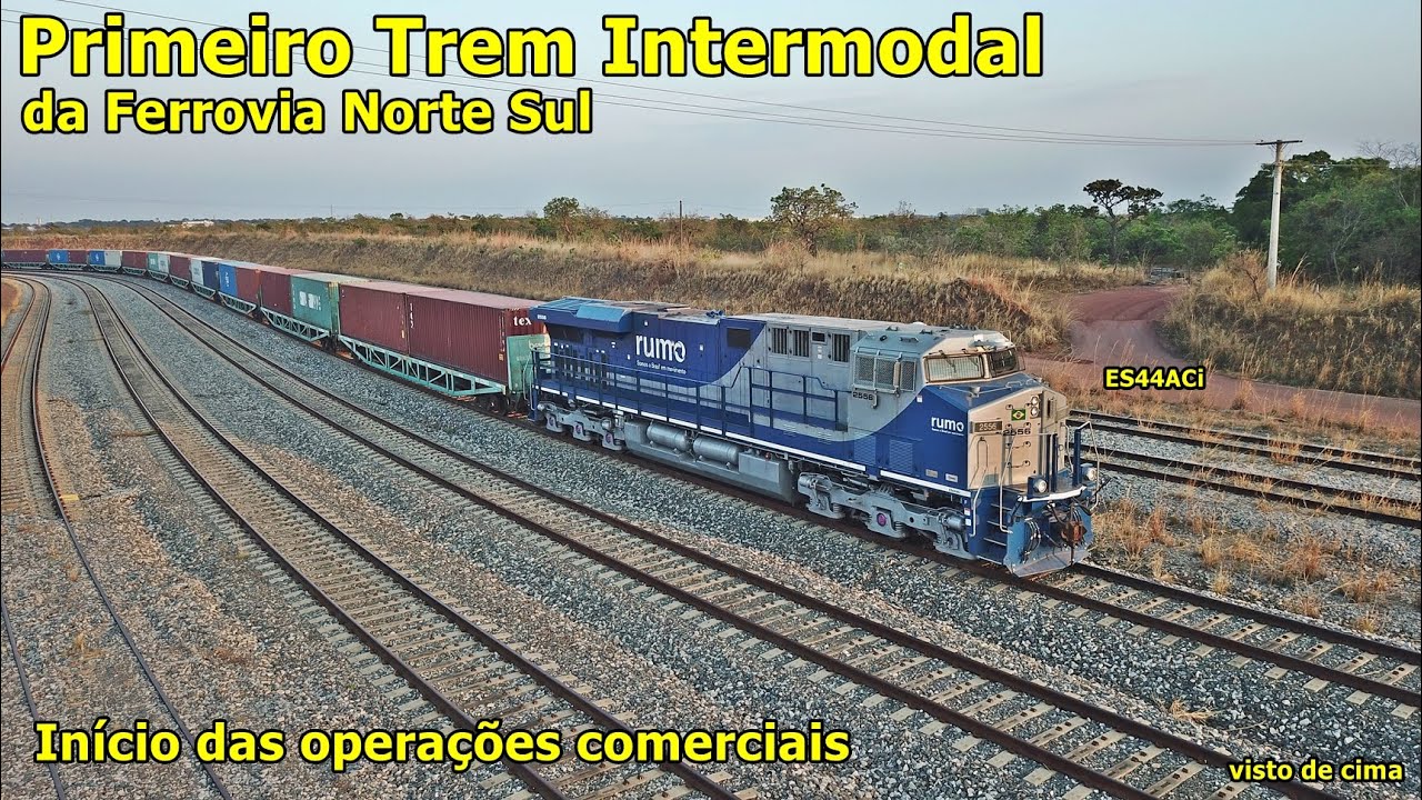 Primeiro Trem Intermodal da Ferrovia Norte Sul em Anápolis -visto de cima-4k