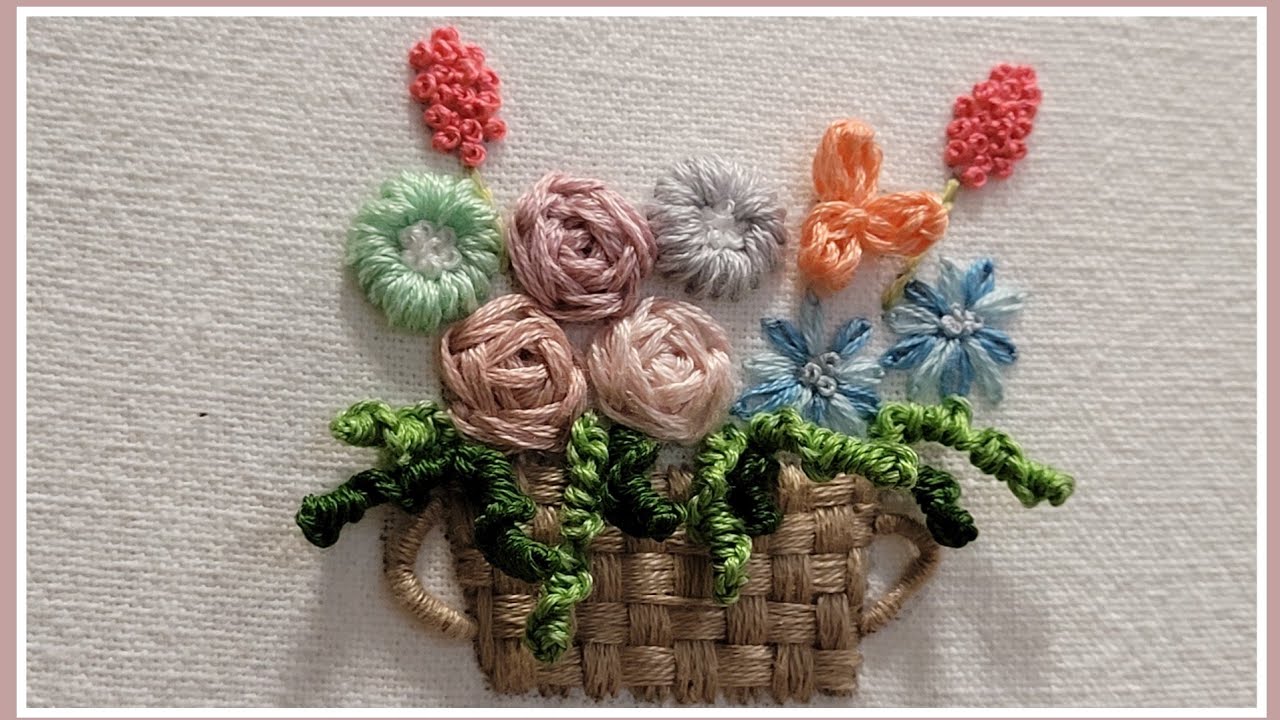 [프랑스자수]꽃바구니자수,flower basket embroidery/chain rose stitch, basket stitch