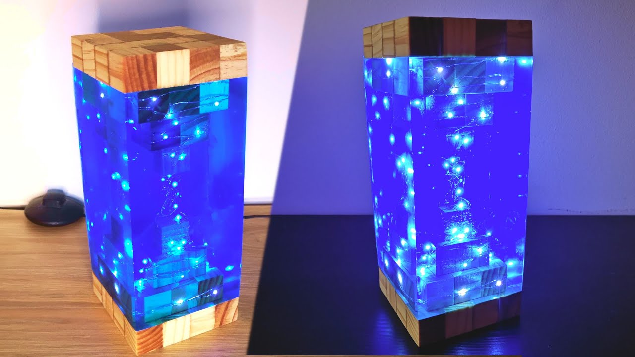 Epoxy Resin Lamp with LED Lights and Wooden Squares
