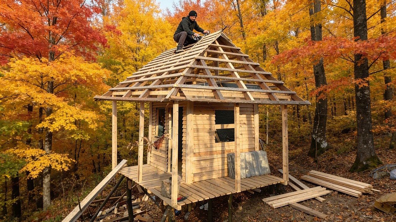 Man Builds a Small Warm House in the Autumn Forest | 58 Days