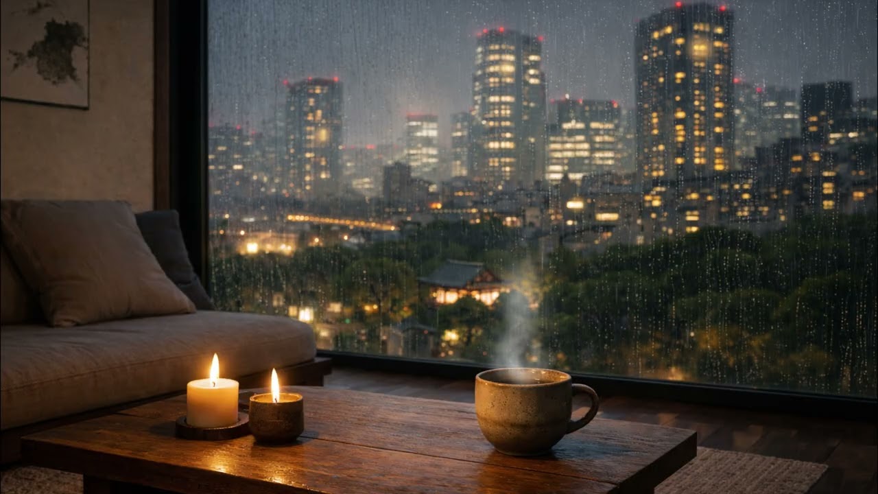 Rainy Night in Tokyo Loft 🌧️⚡|  Thunderstorm Sounds for Sleep | Cozy Japanese City Ambience | 4K