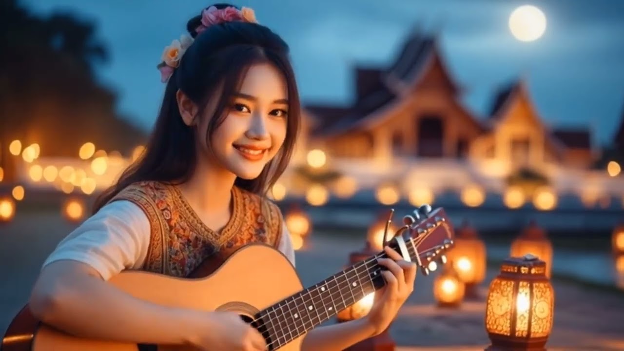 Beautiful Girl Playing Guitar Under the Full Moon