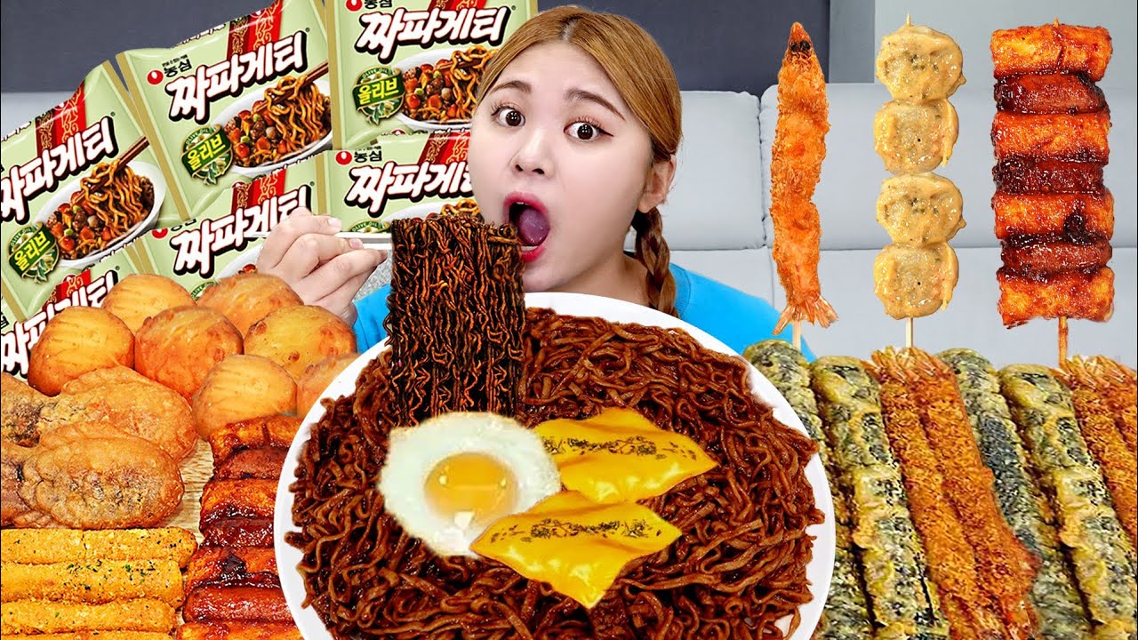 MUKBANG 직접 만든 짜파게티 양념치킨 소떡소떡 먹방 모음! BLACK BEAN NOODLES FRIED CHICKEN EATING SOUND | HIU 하이유