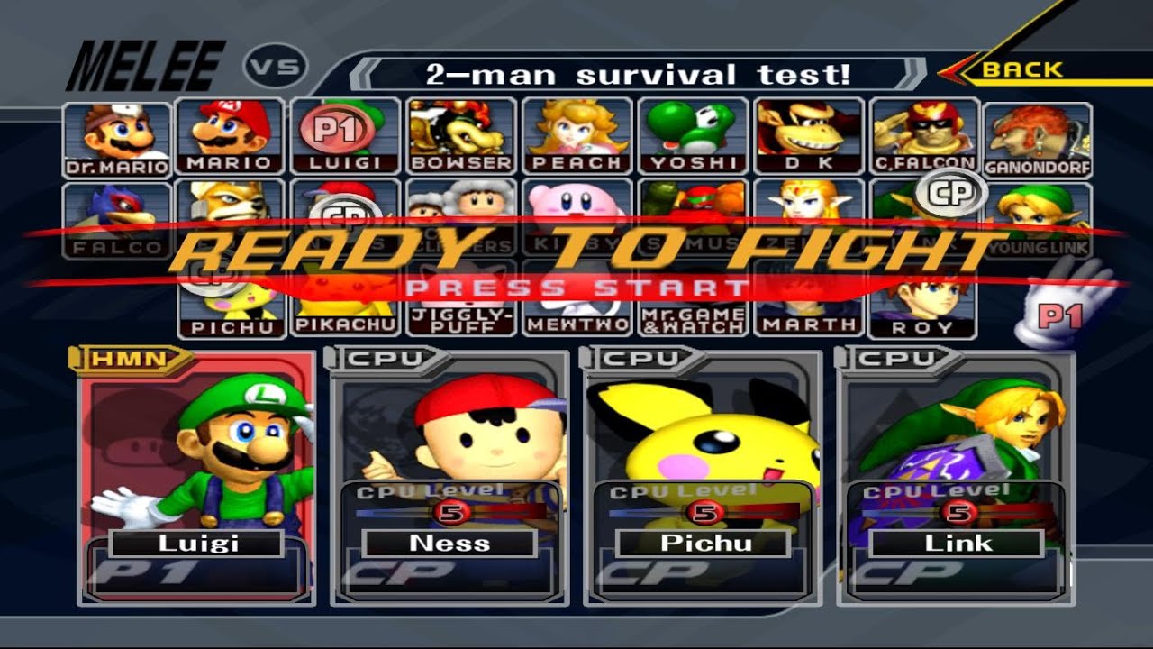 Luigi VS Ness VS Pichu VS Link | 2 Lifes | Super Smash Bros Melee Fight 255