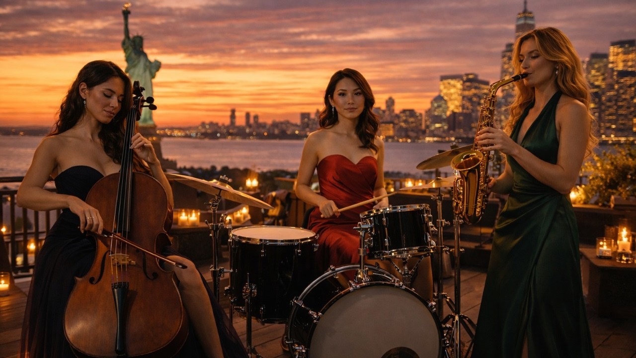 Romantic Rooftop Jazz with Statue of Liberty View | Relaxing Smooth Jazz