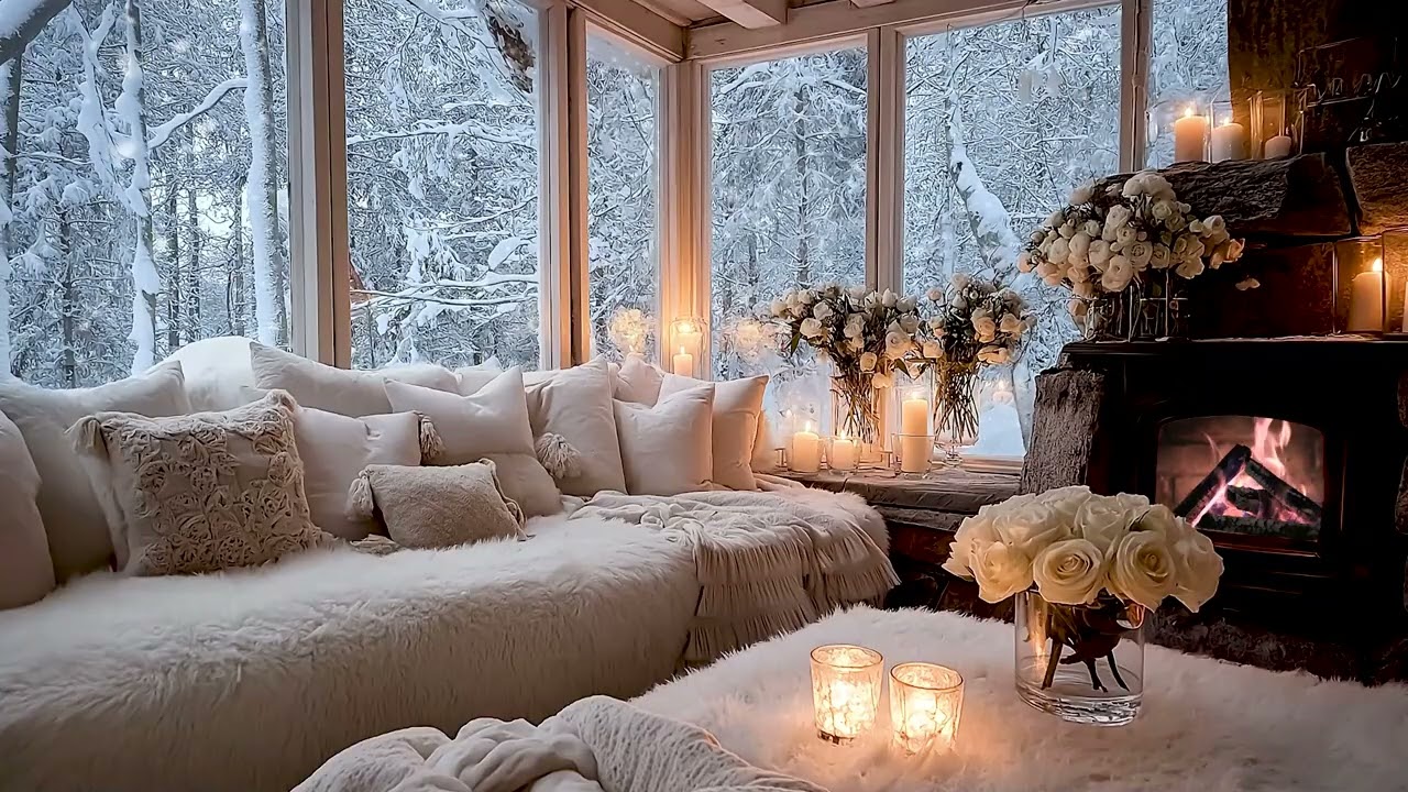 ❄️🕯️ Drift into Deep Sleep with Cozy Winter Piano | White Room Fireplace & Calm Snow | Winter Room