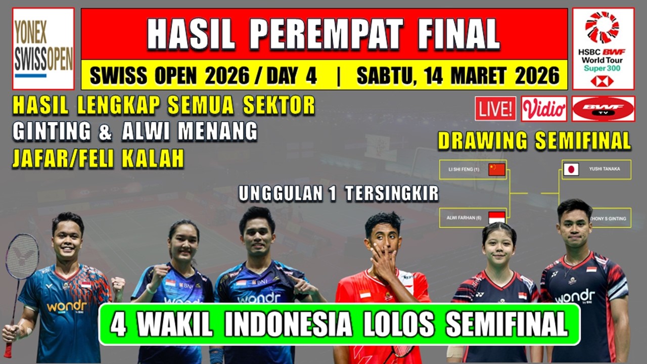 4 WAKIL INDONESIA LOLOS SEMIFINAL ~ Hasil Lengkap 8 Besar Swiss Open 2026 Hari Ini ~ GINTING MENANG