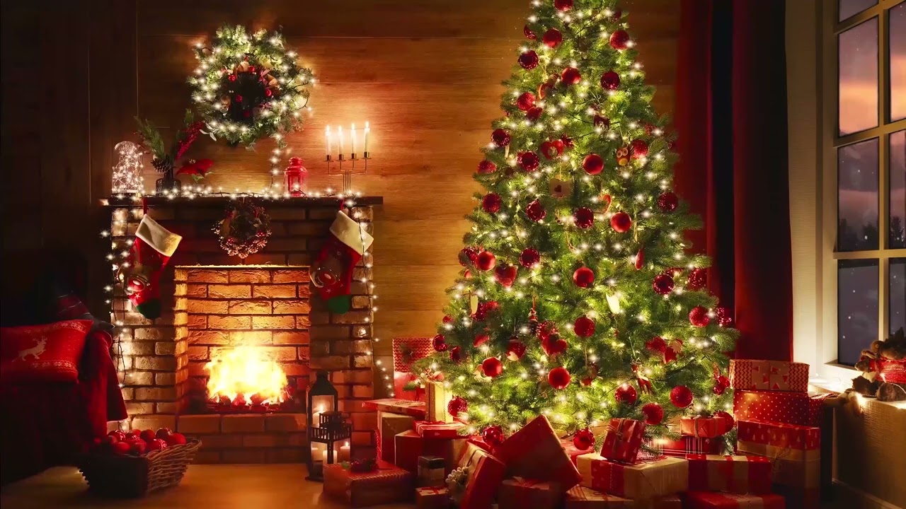 Cosy Christmas ambience - Fireplace & snow falling on window