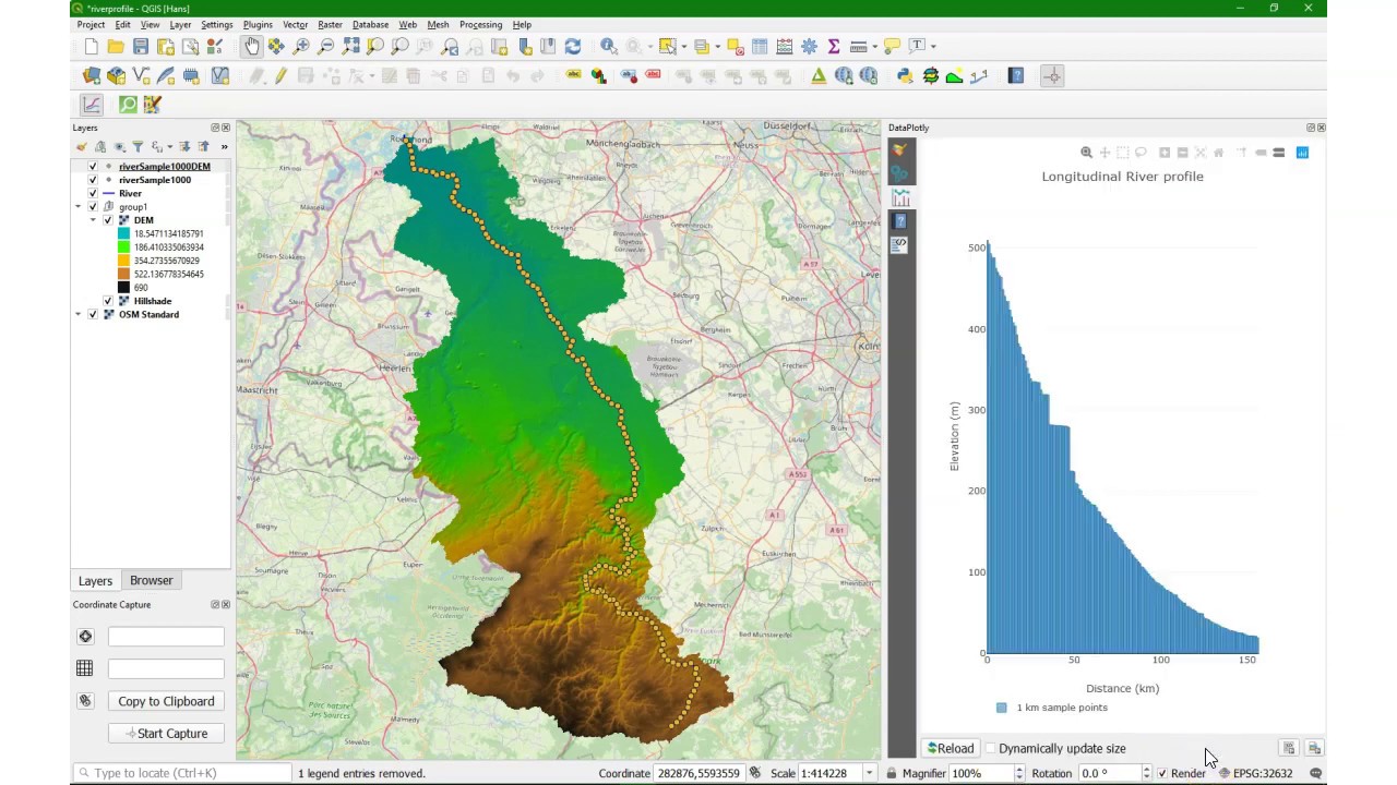 Create longitudinal river profiles using native QGIS tools