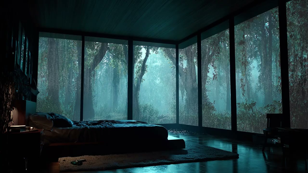 Midnight Forest Rain for Deep Relaxation - Bedroom View of the Dark Woods and Raindrops