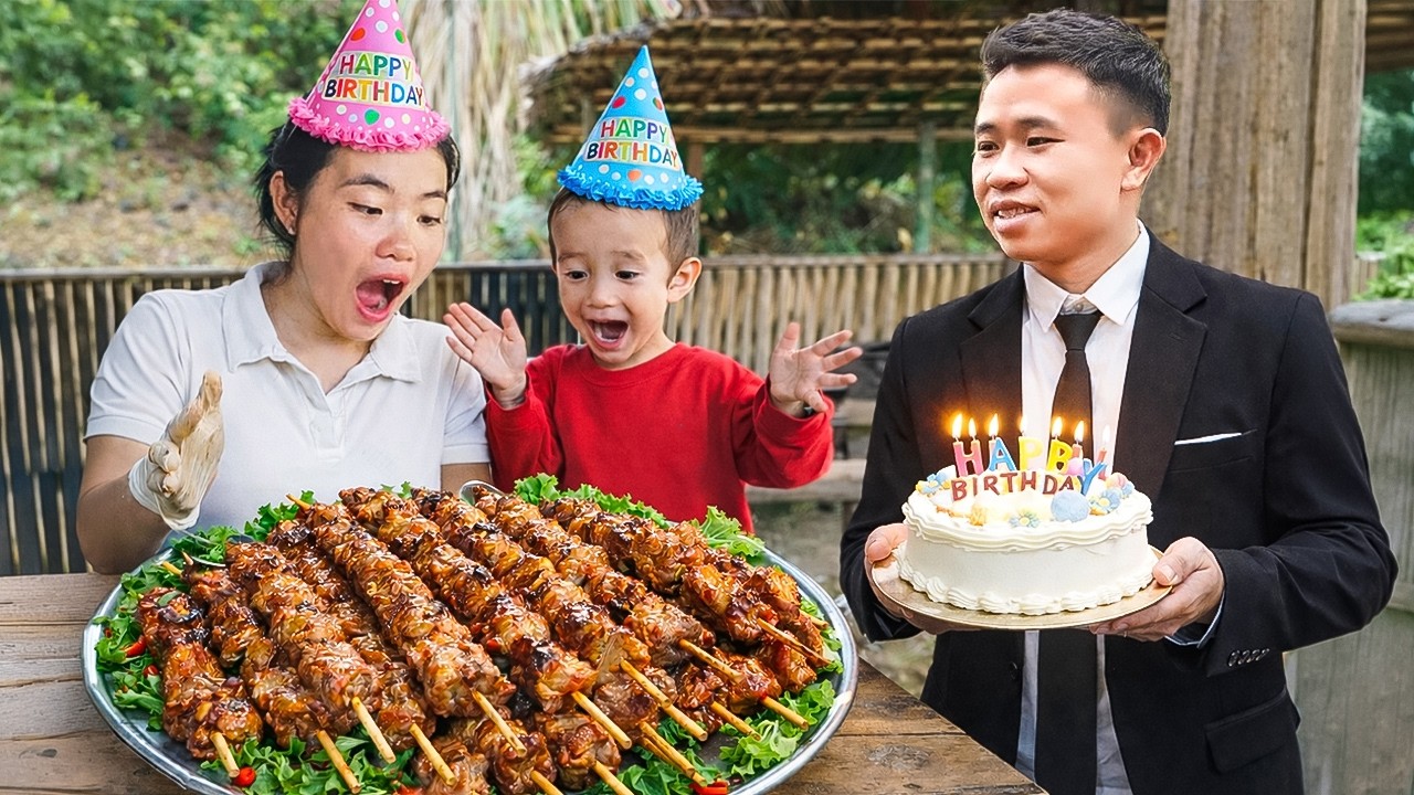 Making Grilled Pork Skewers at Home, My Husband Surprised Me with a Birthday Cake | Trieu Thi Thuy