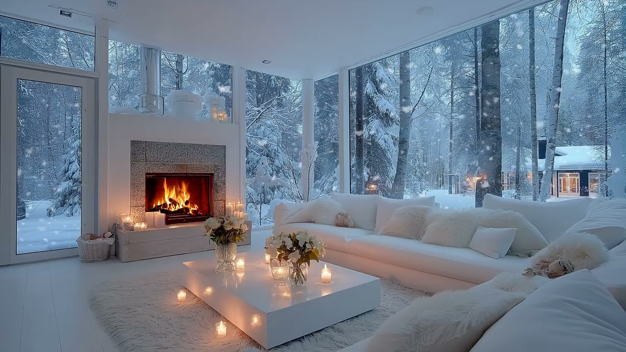 🎹🤍Calm Winter Piano Sounds | Peaceful WHITE LOUNGE with Snow Falling for Focus, Healing & Relaxation