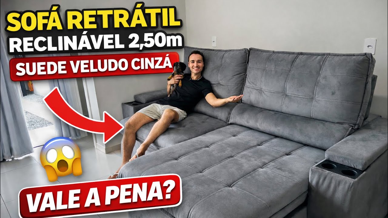 SOF&Aacute; RETR&Aacute;TIL RECLIN&Aacute;VEL 2,50m SUEDE VELUDO CINZA &ndash; Vale a Pena?