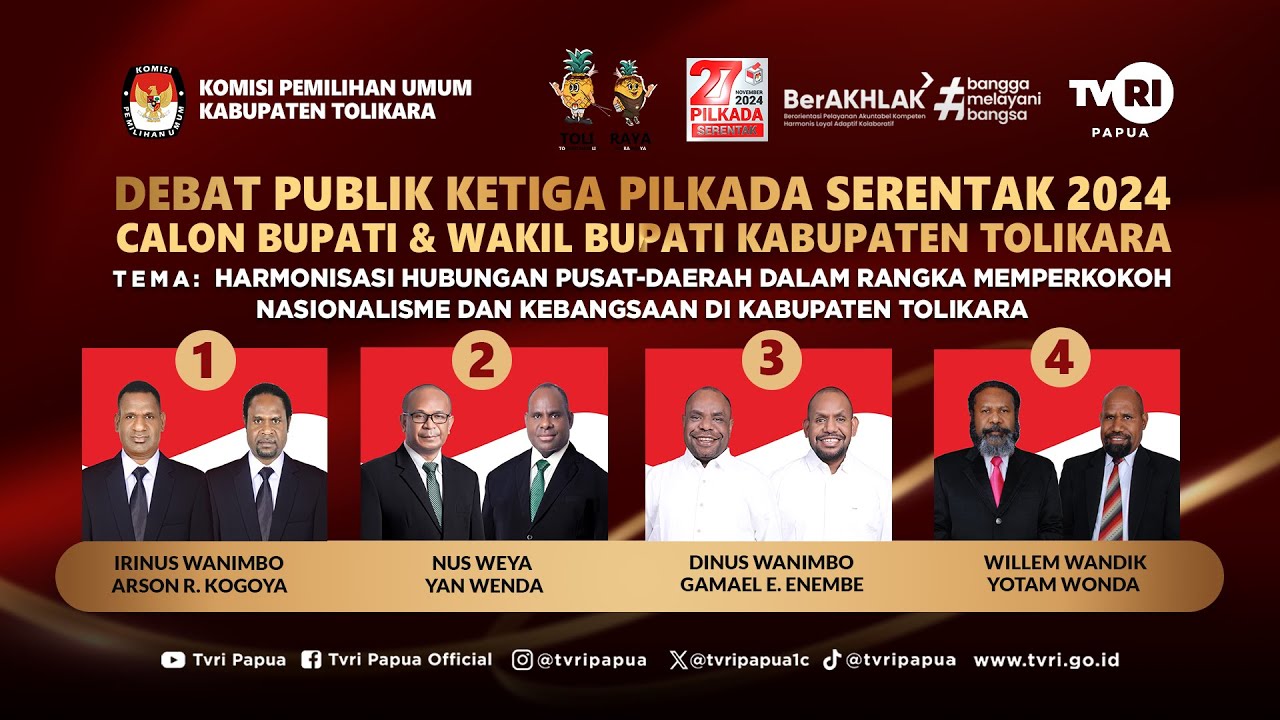 DEBAT PUBLIK KETIGA PILKADA SERENTAK 2024 CALON BUPATI DAN WAKIL BUPATI KABUPATEN TOLIKARA