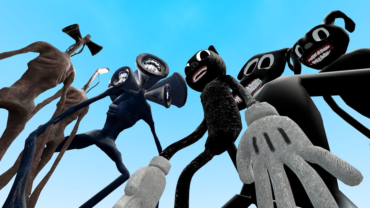 TEAM SIREN HEAD, LIGHT HEAD, AND MULTI-HEAD VS TEAM MAD CARTOON CAT, CARTOON DOG, AND CARTOON RABBIT