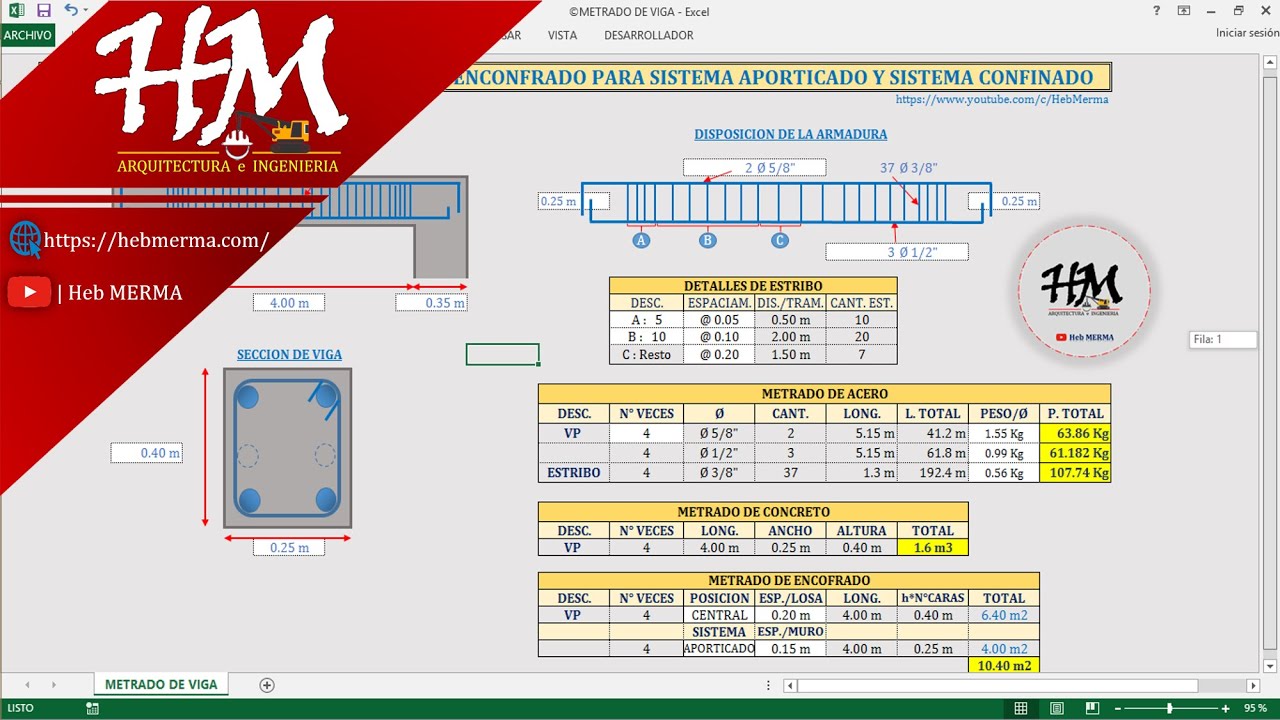 METRADO DE VIGA: ACERO - CONCRETO - ENCOFRADO | SISTEMA APORTICADO Y CONFINADO | EXCEL | #HebMERMA