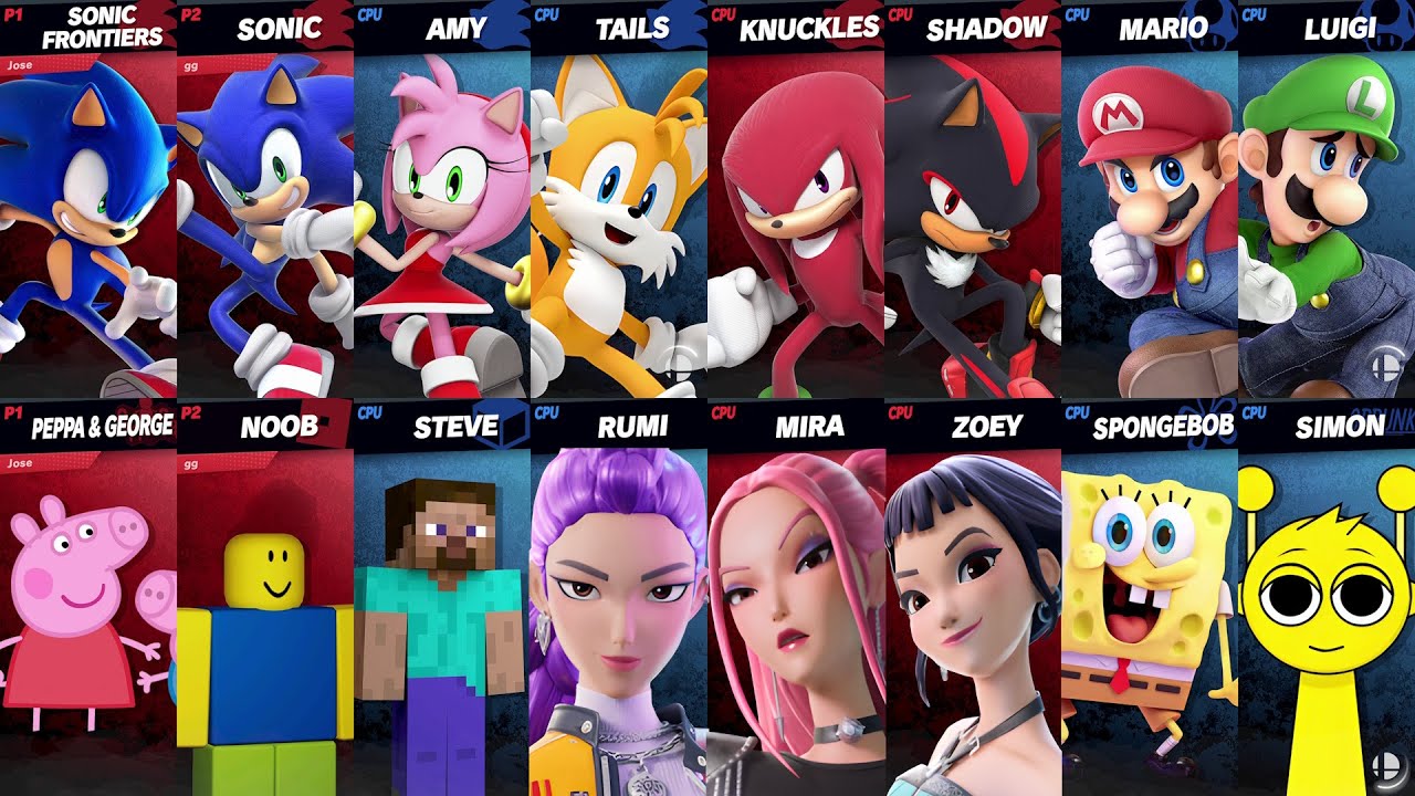 Sonic vs Mario vs Roblox vs Minecraft vs Fortnite vs Peppa vs SpongeBob | Super Smash Bros Ultimate