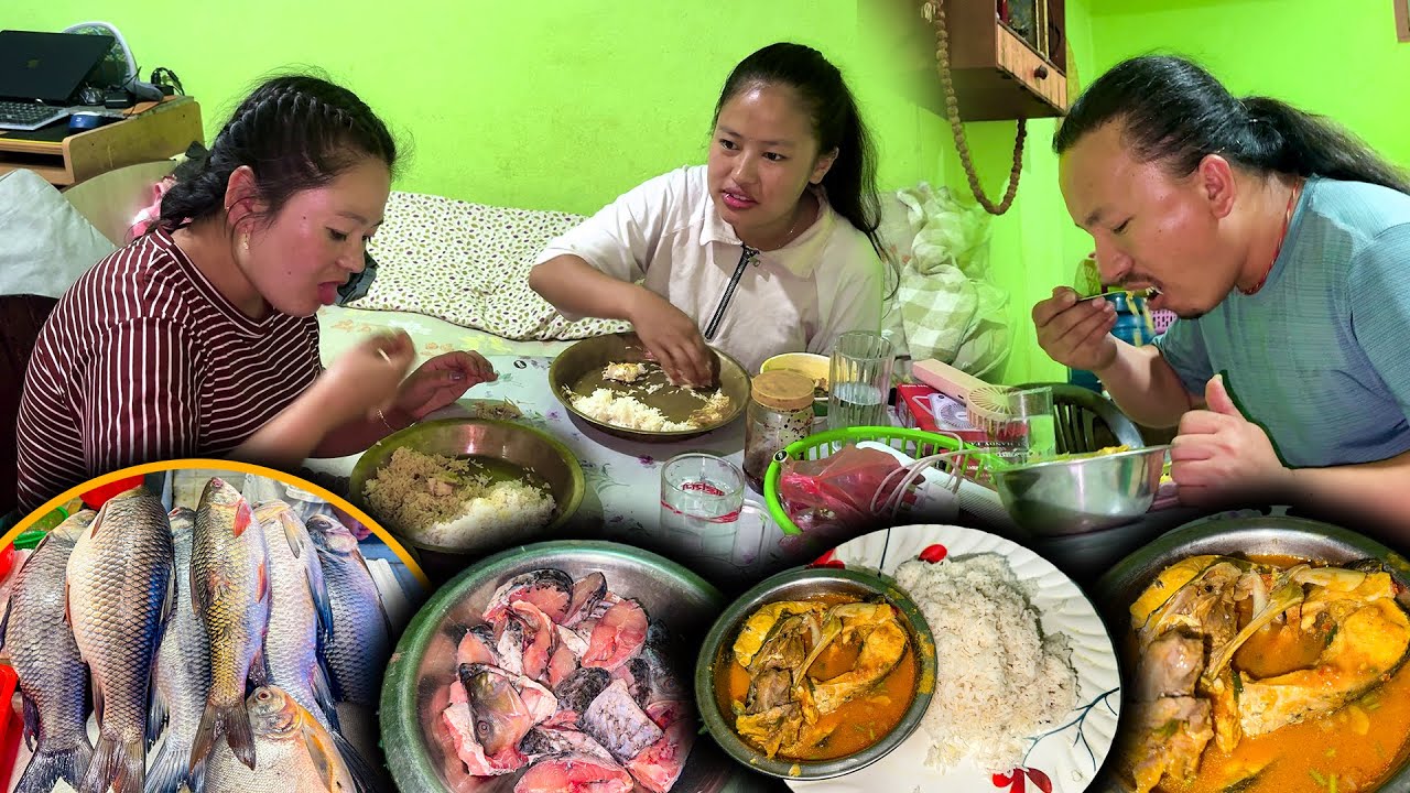 Fish Curry recipe making and eating with rice in KTM Room माछा को झोल सँग भात खाइयो Rohu Fish Curry