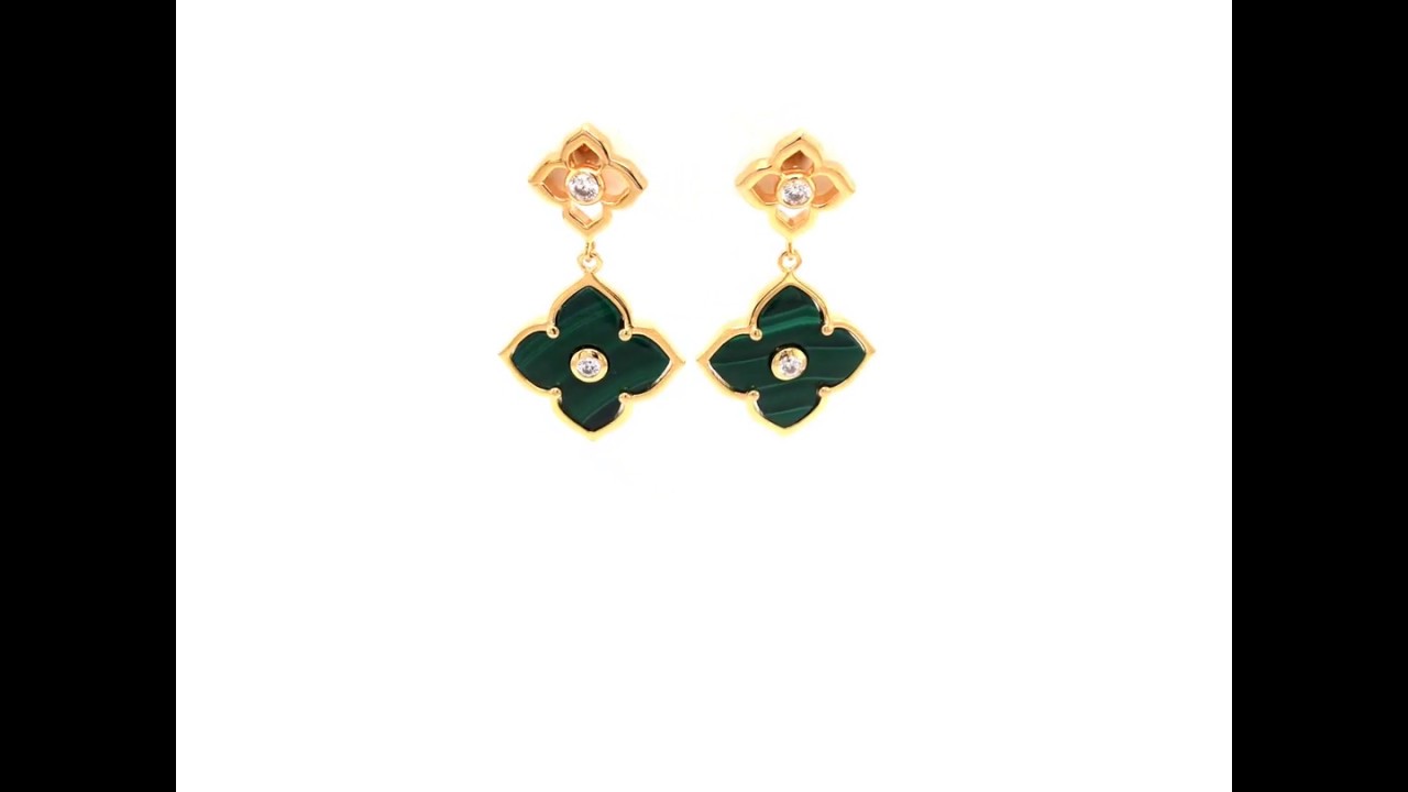 Lavari - Malachite Dangling Huggie Flora Earrings with Yellow Gold Plating - Pink Sterling Silver