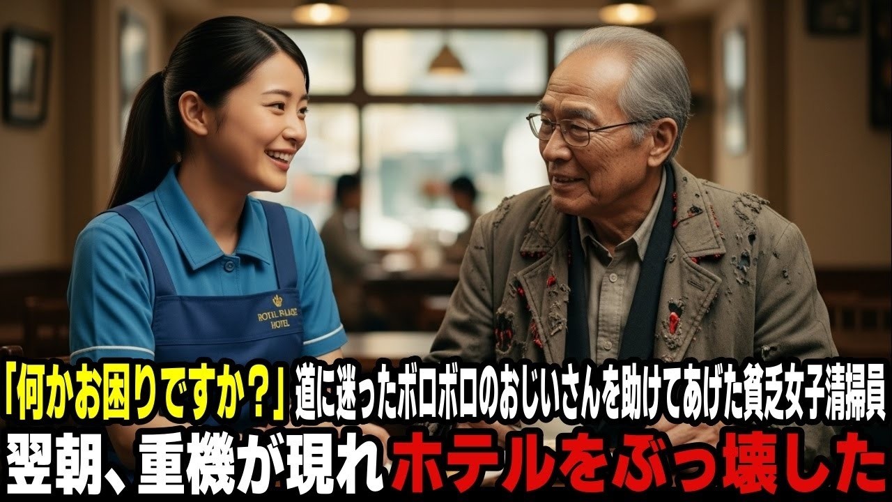 「何かお困りですか？」道に迷ったボロボロのおじいさんを助けてあげた貧乏女子清掃員… 重機が現れホテルをぶっ壊した…