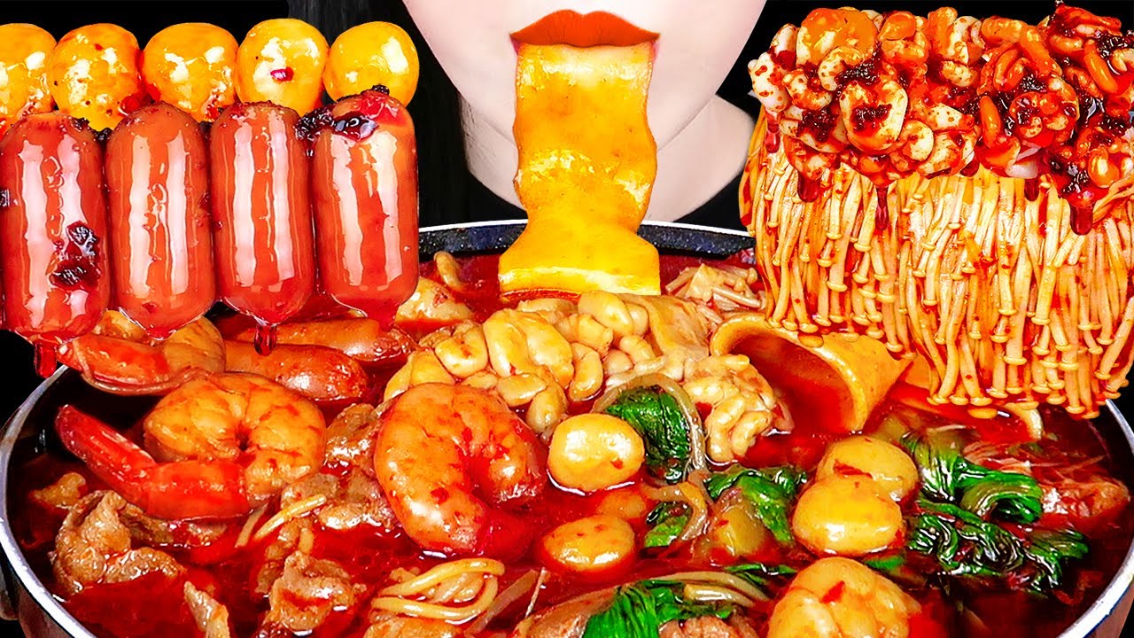 ASMR SPICY SEAFOOD MALATANG 마라탕 먹방, 마라탕 레시피 SHRIMP, ENOKI MUSHROOM, SAUSAGE, NOODLES EATING SOUNDS