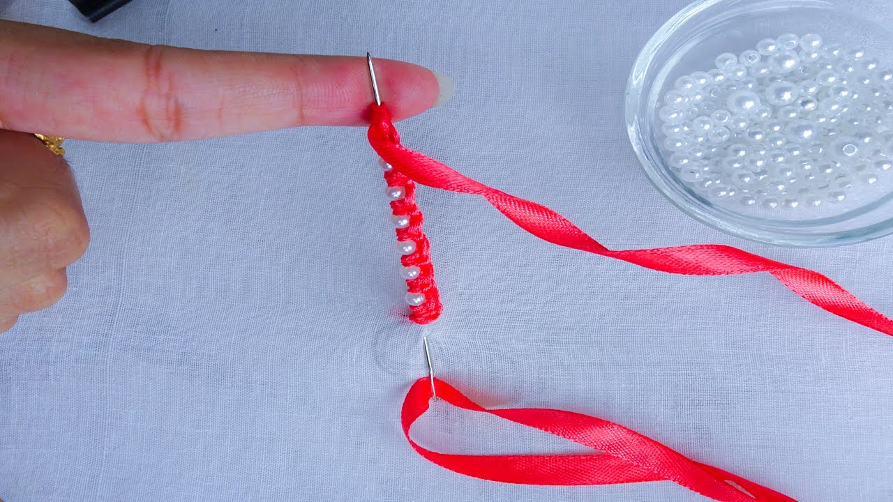 Ribbon hand embroidery flower design making with pearl beads | easy ribbon work