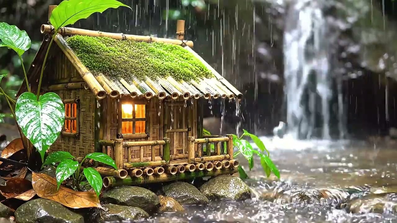 Relaxing Rain Sounds on Miniature Bamboo Cabin 🌿 Waterfall Nature ASMR for Sleep, Study & Medit
