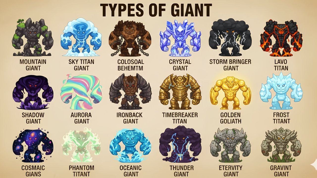 Types of Giant Poster | Fantasy Giant Characters | Mythical Titans Wall Art | Epic Game & creatures 