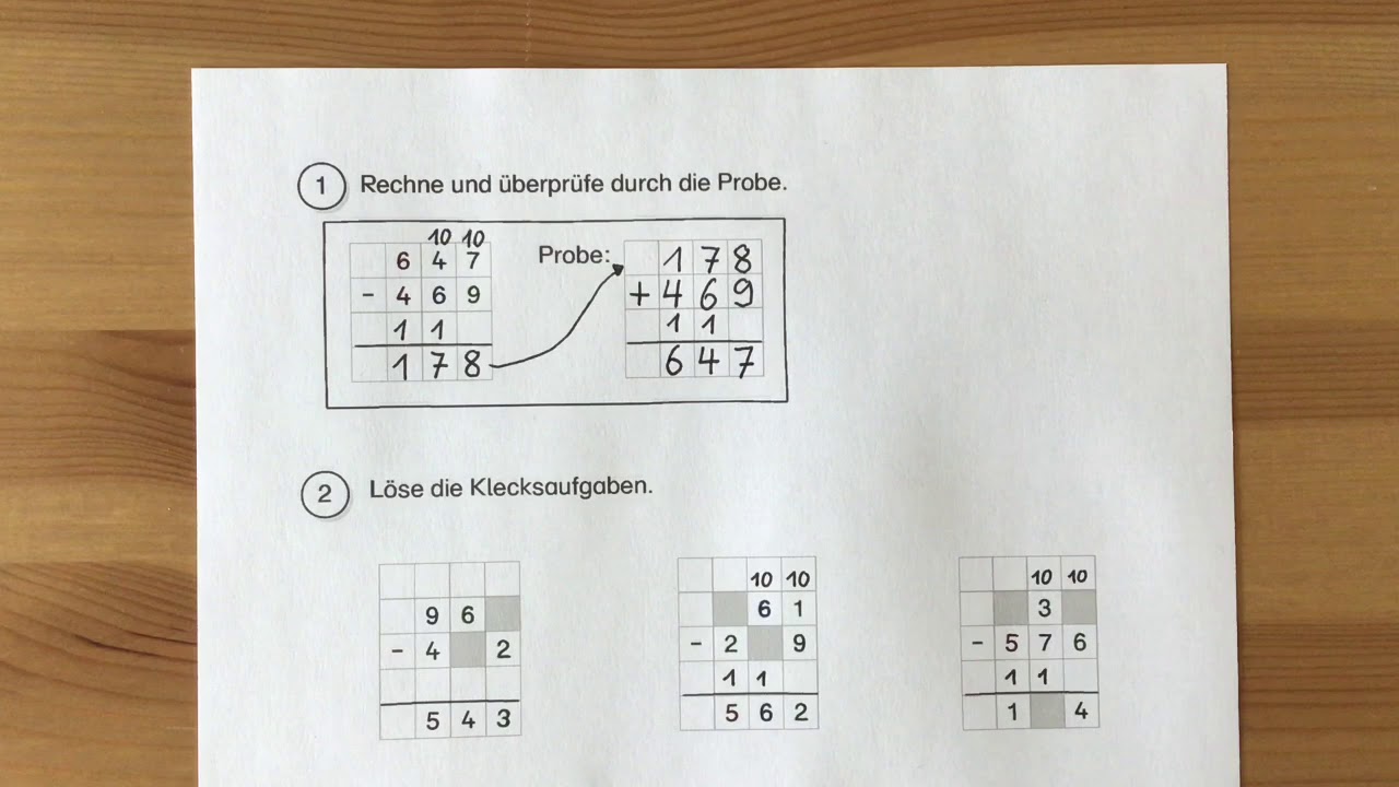 Schriftliche Subtraktion - Probe & Klecksaufgaben