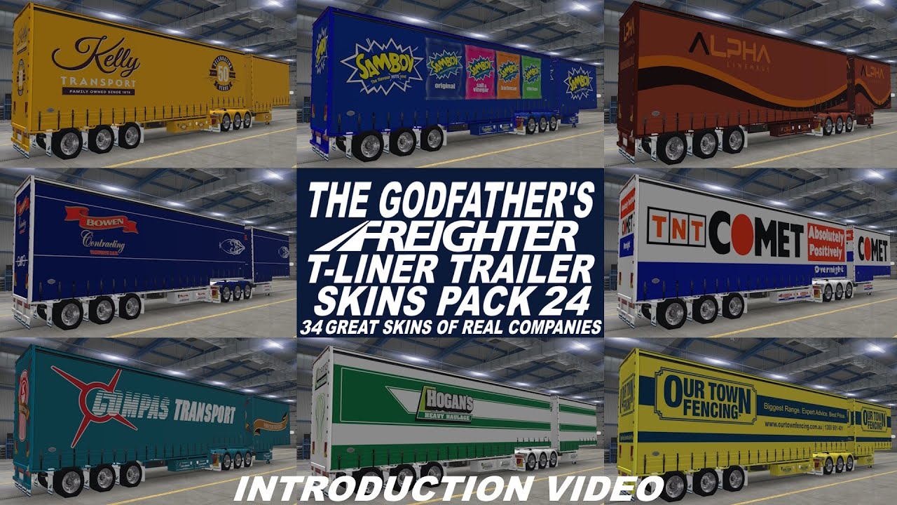 Видеопрезентация мода The Godfather's Freighter T-Liner Trailer Skins Pack 24 для ATS и ETS2