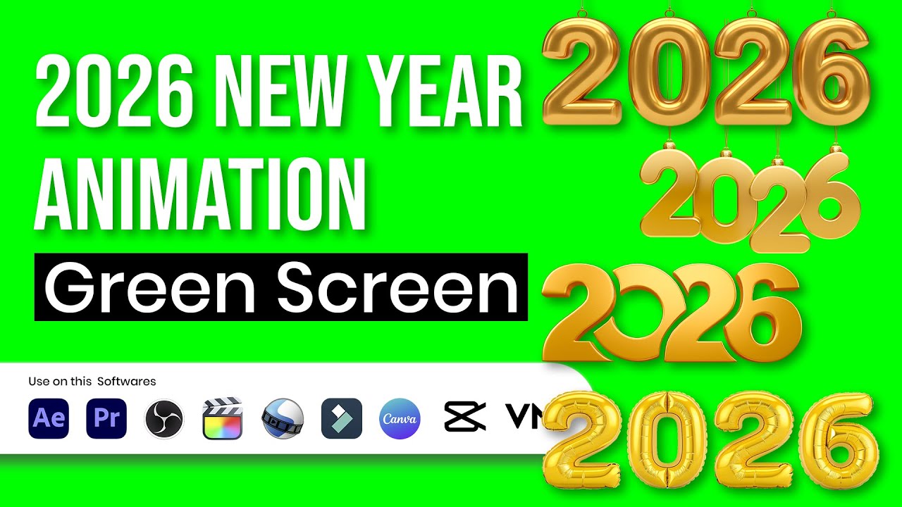 2026 New Year Animation 🎉 | Green Screen & Blue Screen | Gold 3D Numbers