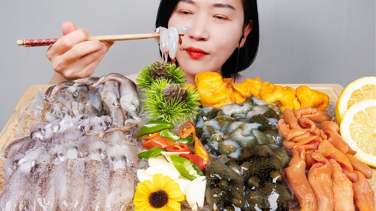 Корейская еда Ассорти из морепродуктов мукбанг звуки еды