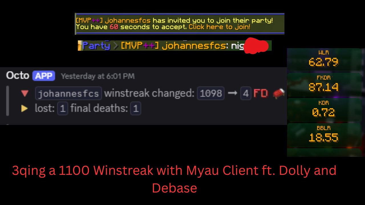 Sniping Felony Guild's 1100 Winstreak (johannesfcs) with Myau Client ft Dolly and Debase (3q on 4v4)