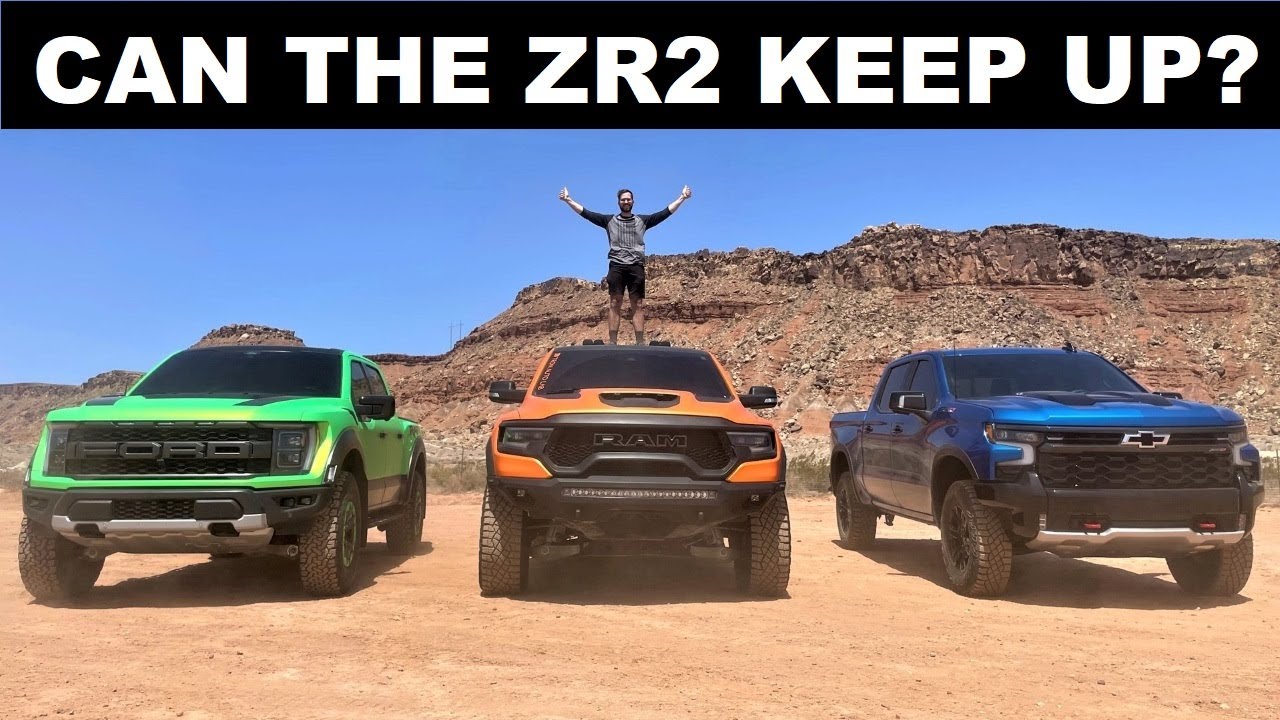 Обзор Chevy Silverado ZR2 2022 года против Ram TRX и Ford Raptor Baja: какой грузовик лучше на вы...