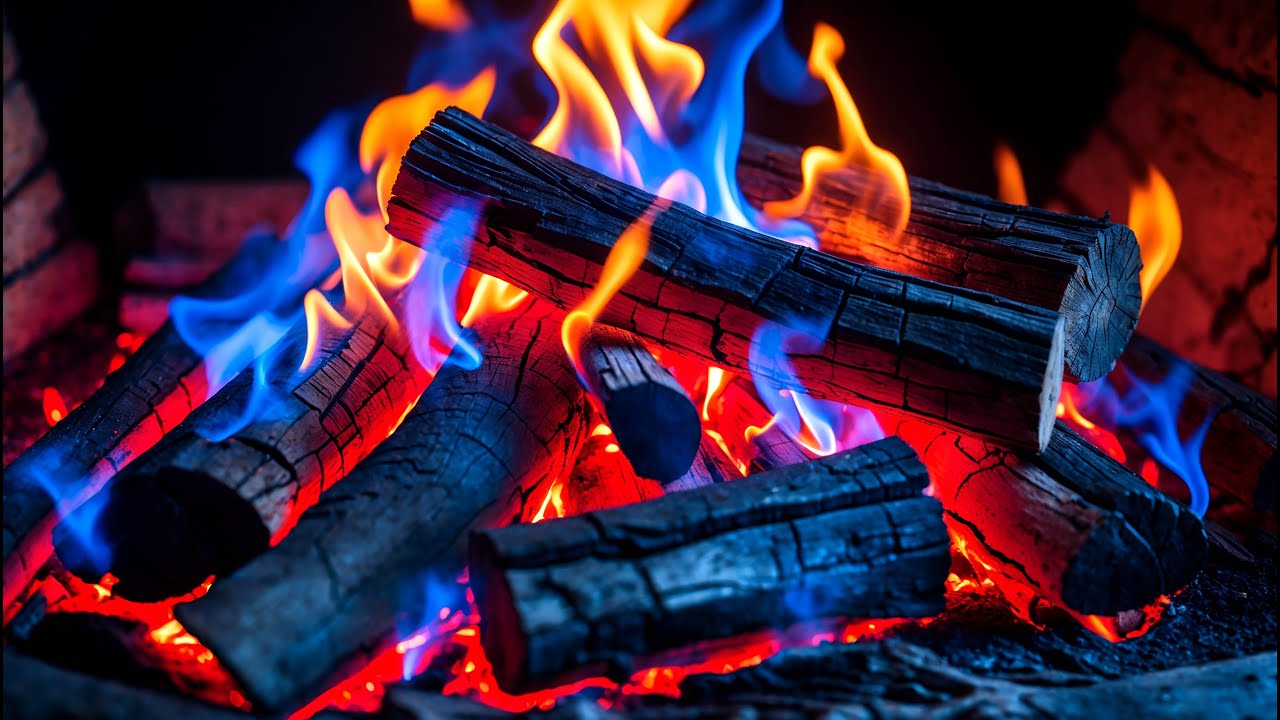 Cozy Fireplace with Blue & Orange Flames &ndash; Relaxing Crackles and Glowing Ember Light in 4K Fireplace