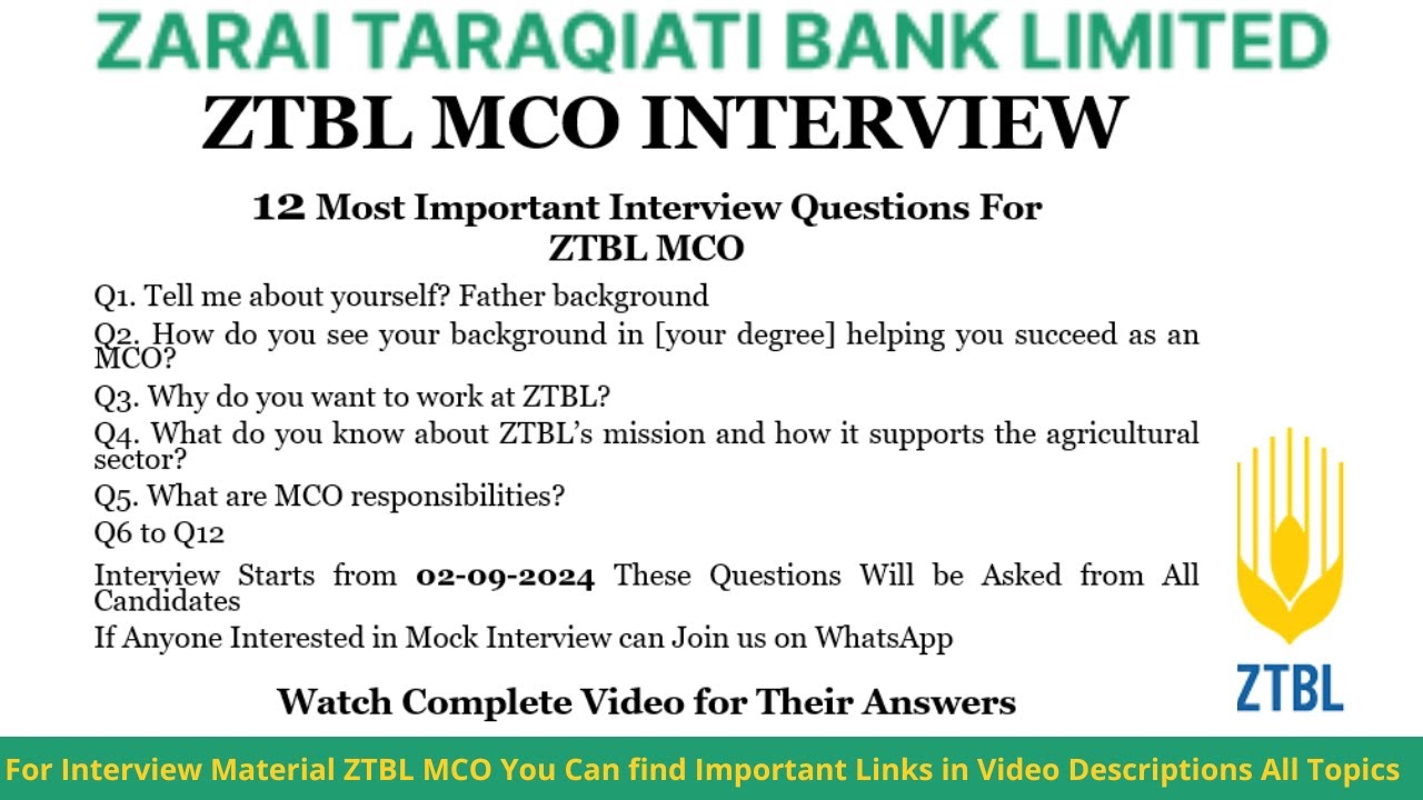 ZTBL OG III MCO 12 Important Interview Questions & Their Answers | ZTBL Interview Preparations |