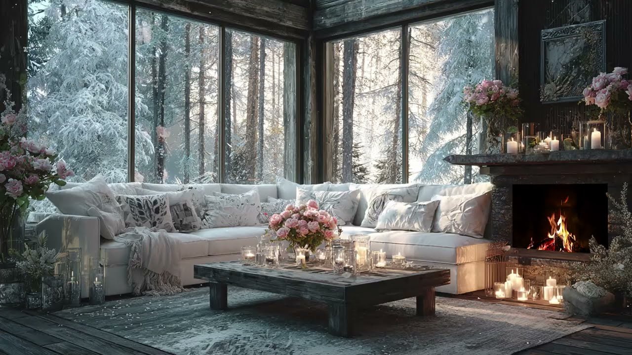 Cozy Winter Sanctuary: Relaxing Piano Music with Crackling Fireplace and Soft Snowfall