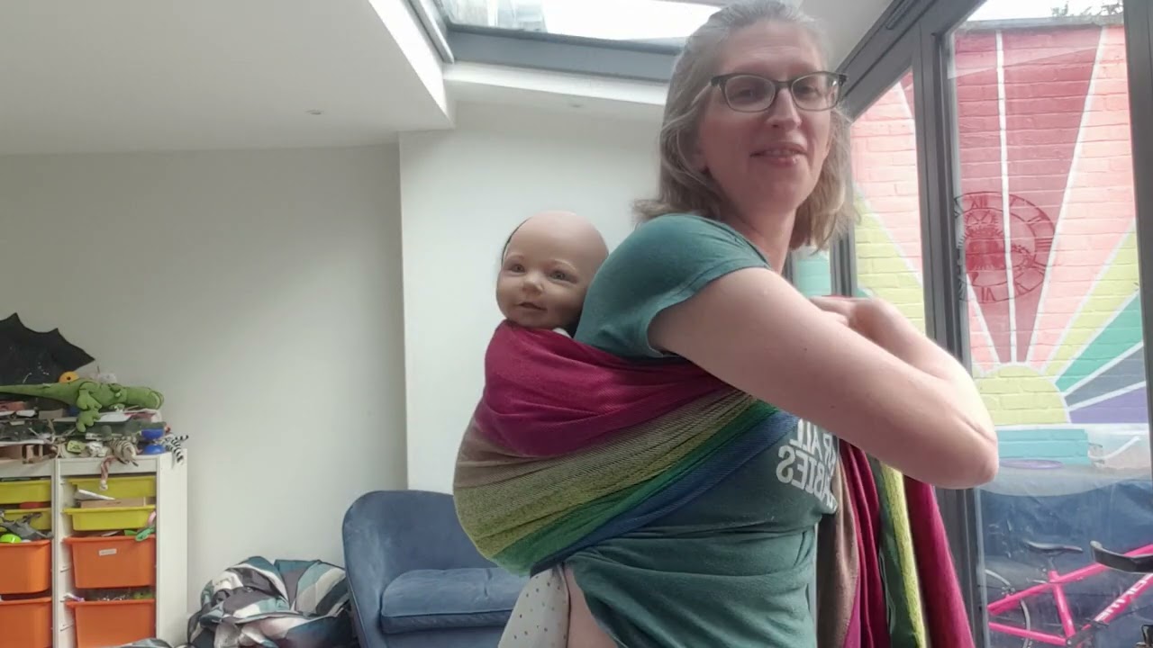 Rucksack Back Carry with a Long Woven Wrap using the Hip Scoot method to bring baby onto your back