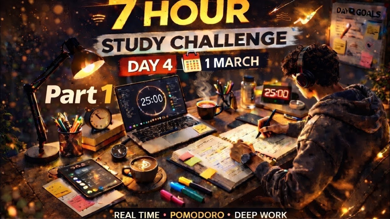 7 Hours Study with me l Pomodoro l Day 4 -part1 l 1 march