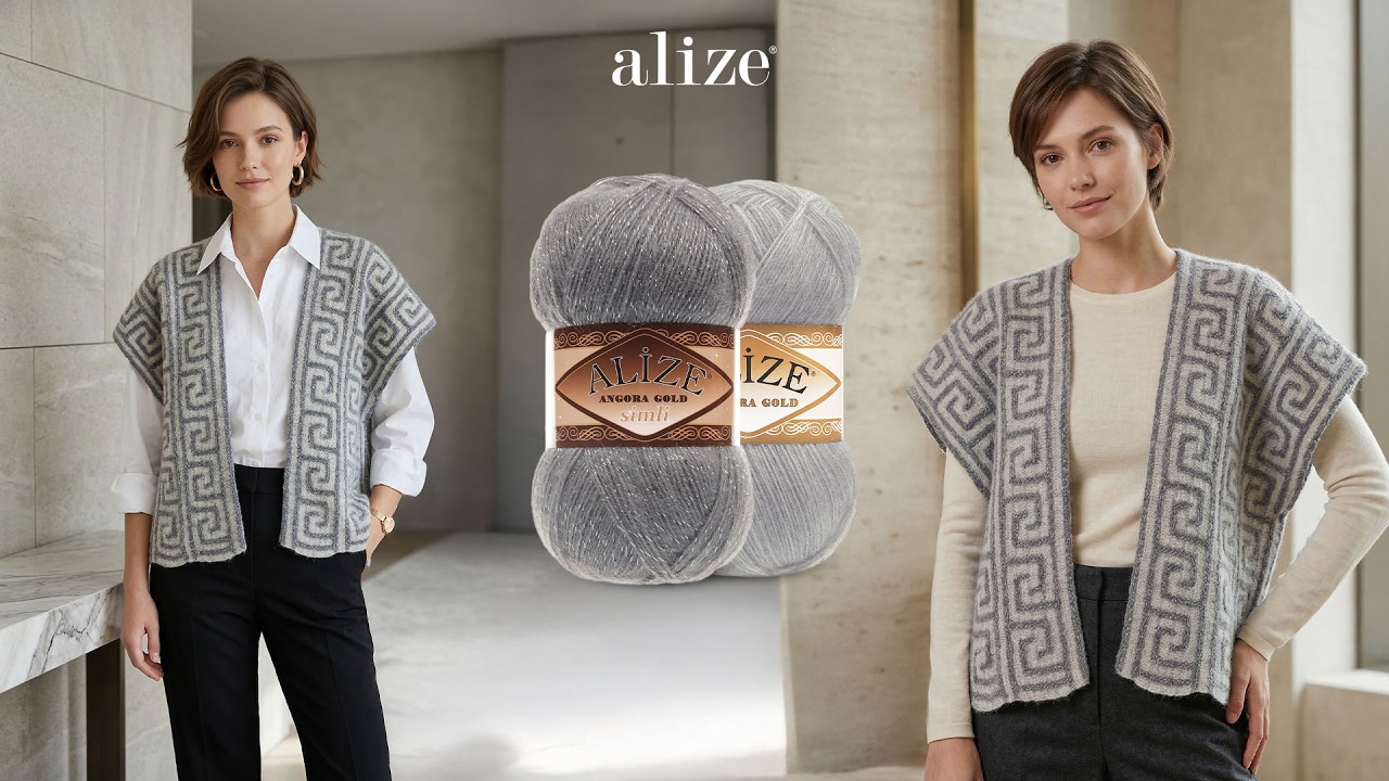 Пончо-жилет, связанный цепочным стежком, из пряжи Alize Angora Gold