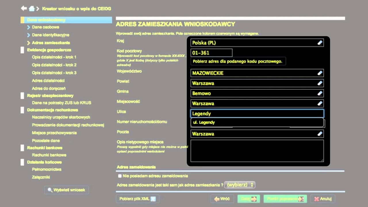 Rejestracja firmy w systemie CEIDG przez Internet. Wersja dla osób niedowidzących.