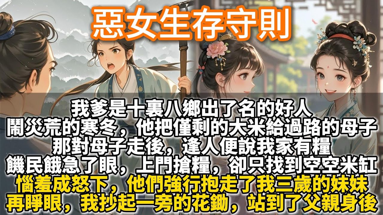 完結復仇文：惡女生存守則。我爹是十裏八鄉出了名的好人。鬧災荒的寒冬天，他把僅剩的大米施捨給過路的母子。那對母子走後，逢人便說我家有糧。饑民上門搶糧，卻只找到空米缸。惱羞成怒下，他們強行抱走我三歲的妹妹