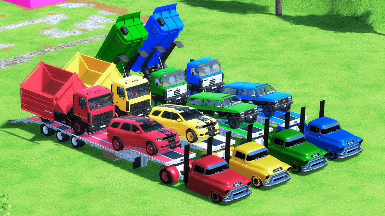TRANSPORTING DODGE, GMC, MAZ, DUMP TRUCK, COLORFUL CARS WITH TRUCK - FS22