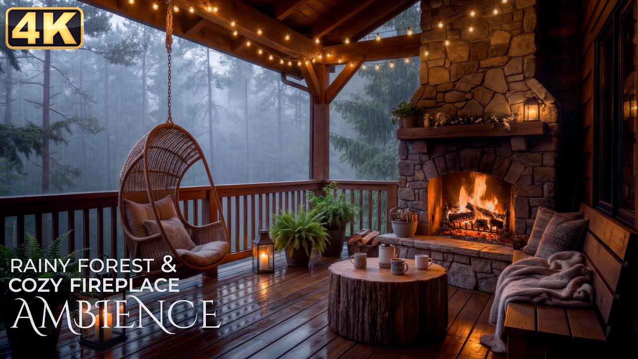Heavy Rain on Cozy Porch 🌧️ Fireplace Sounds for Deep Sleep