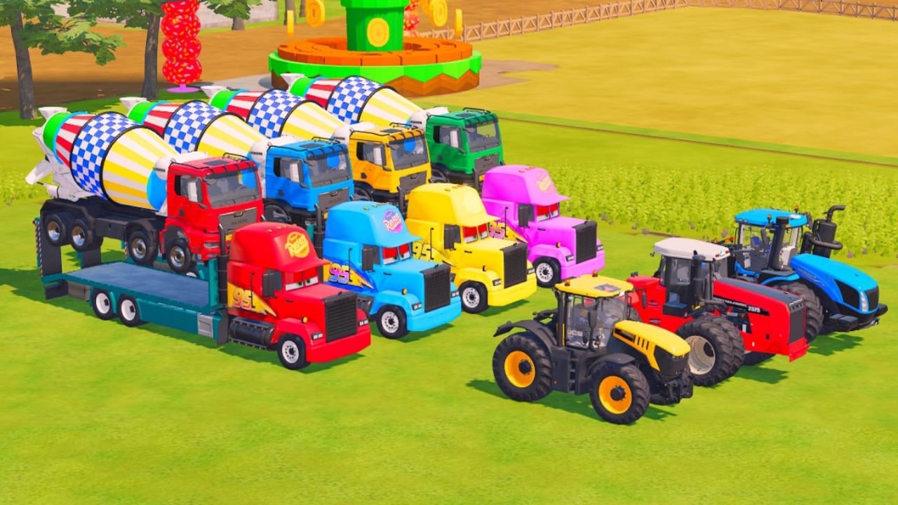 TRANSPORTING MIXER TRUCK, TRAKTOR, COLORFUL CARS WITH TRUCK - FARMING SIMULATOR 22!