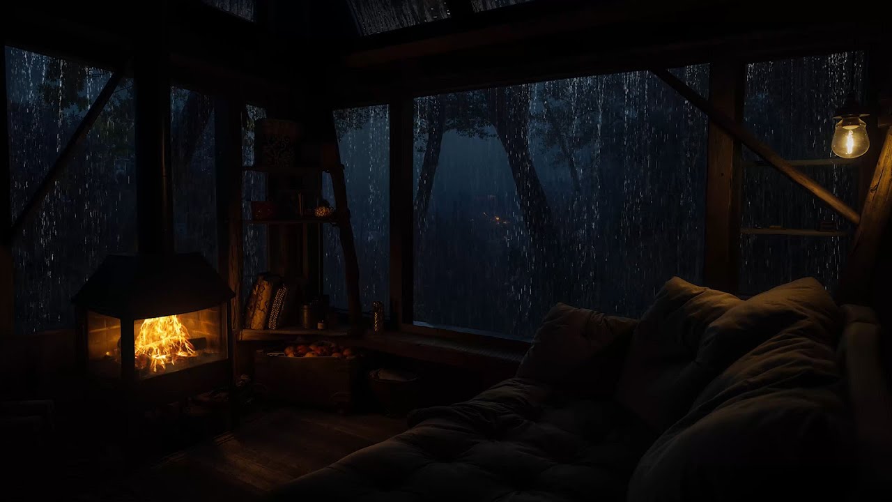 Warm Cabin Night Forest | Soothing Rain Sounds and Relaxing Fireplace for Calm