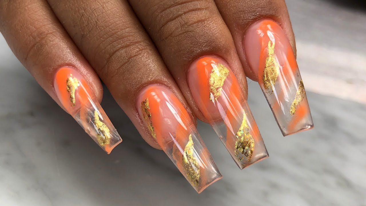 HOW TO: Easy Orange And Gold Marble Nails For Beginners | Acrylic Nails Tutorial