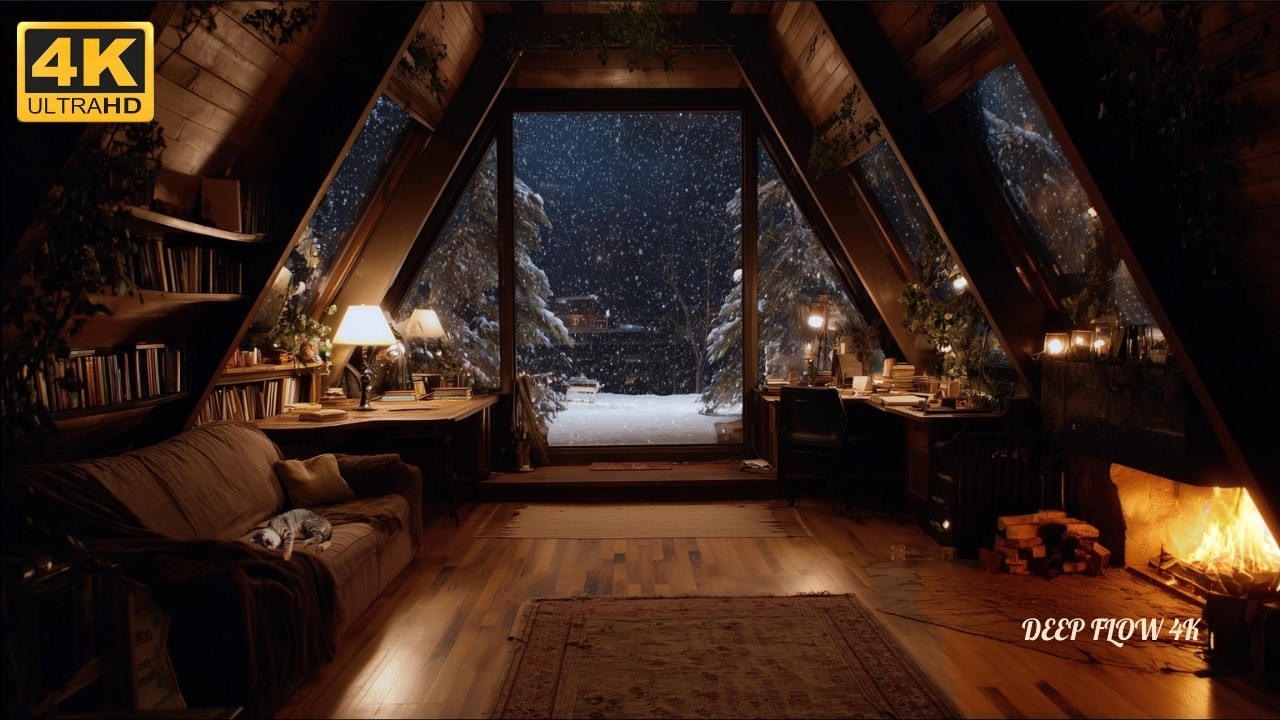🔥 4K Cozy Cabin Fireplace Ambience ❄️ Snowy Night Window View for Deep Sleep & Study