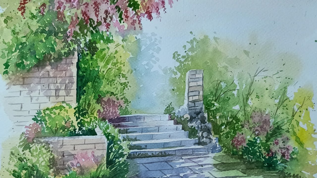 Watercolour painting | Entrance of a flower garden